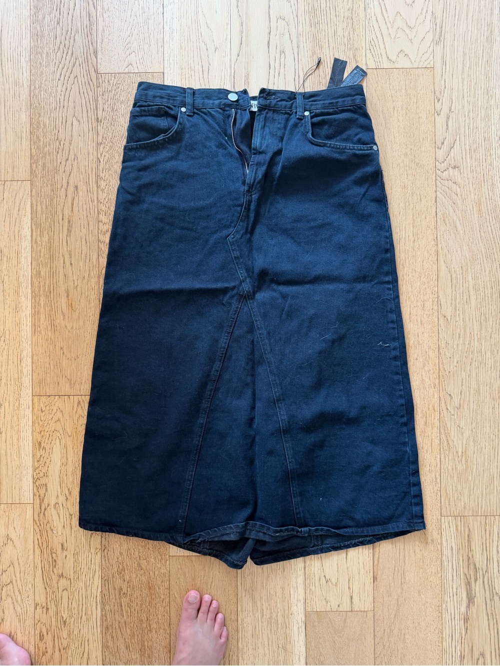 Zara Black Denim Midi Skirt with Front Slit
